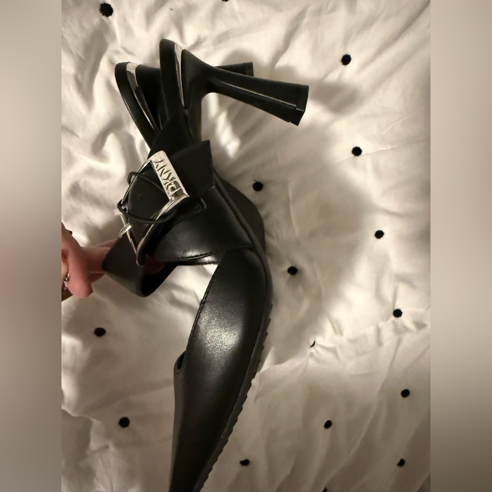 DKNY Black Leather Heels with Silver Buckle